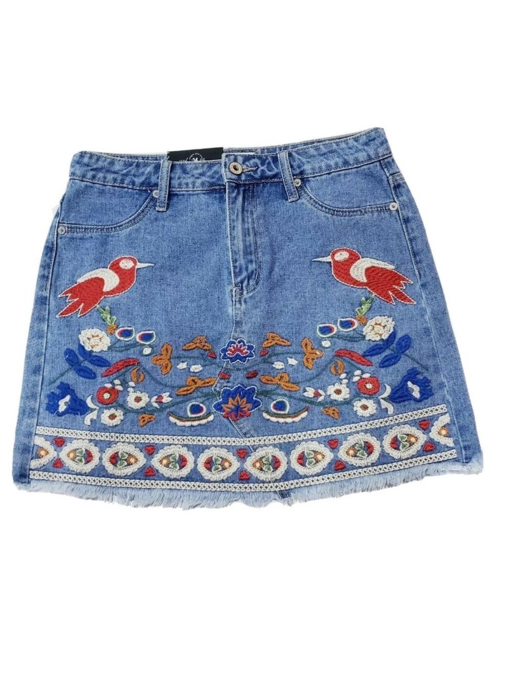 New Umgee Skirt Denim Embroidered Birds Floral S